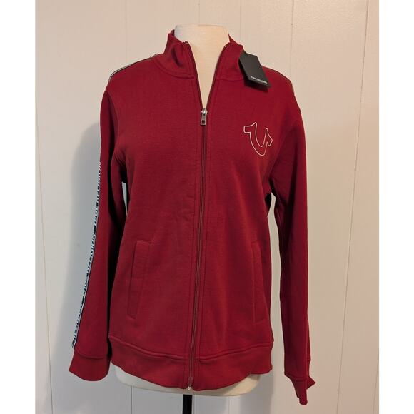 True Religion 3 Side Print Logo Trim Track Jacket Red Full Zip Horseshoe  Small - Picture 3 of 14
